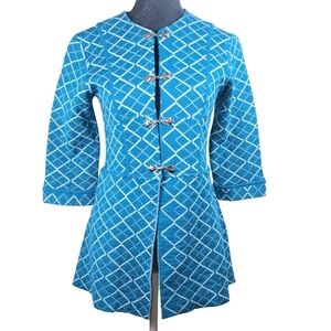 Simply Natural Peruvian Alpaca Blend Teal Geometric Peplum Cardigan Jacket Sz.S